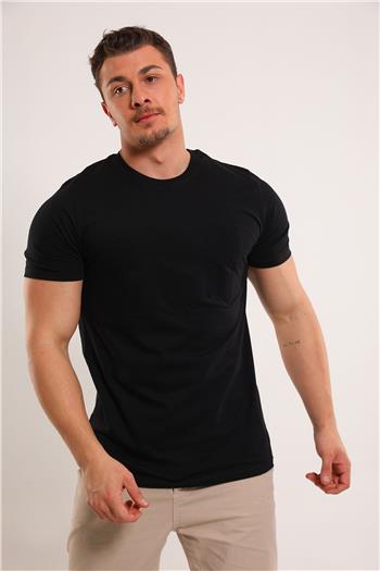 Erkek Bisiklet Yaka Kabartmalı Likralı T-shirt Siyah