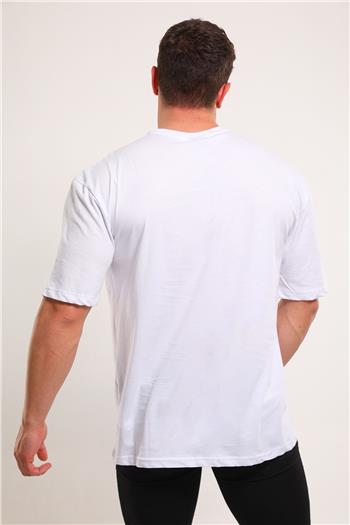 Erkek Bisiklet Yaka Ön Baskılı Oversize Tshirt Beyaz 494565