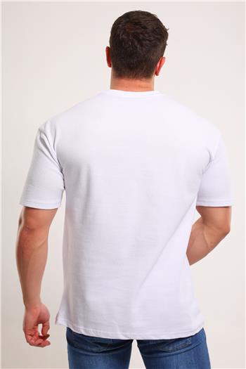 Erkek Bisiklet Yaka Oversize Likralı T-shirt Beyaz