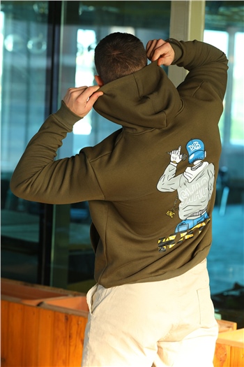 Haki Erkek Kapüşonlu Şardonlu Arkası Baskılı Sweatshirt