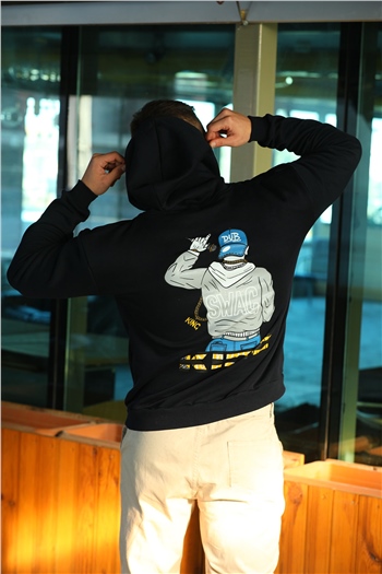 Lacivert Erkek Kapüşonlu Şardonlu Arkası Baskılı Sweatshirt