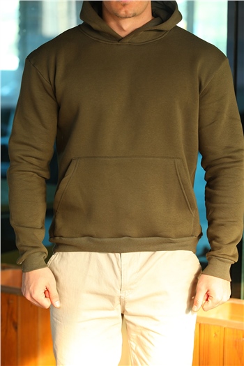 Haki Erkek Kapüşonlu Şardonlu Arkası Baskılı Sweatshirt