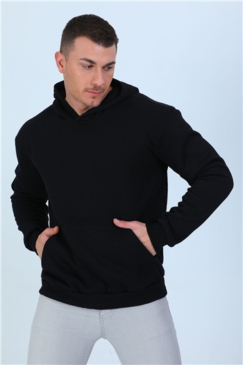 Siyah Erkek Kapüşonlu Şardonlu Arkası Baskılı Sweatshirt