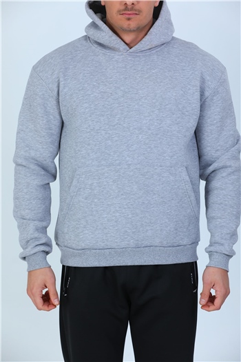 Gri Erkek Kapüşonlu Şardonlu Arkası Baskılı Sweatshirt