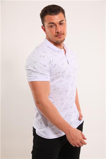 Erkek Polo Yaka Desenli Likralı T-shirt Beyaz 494507