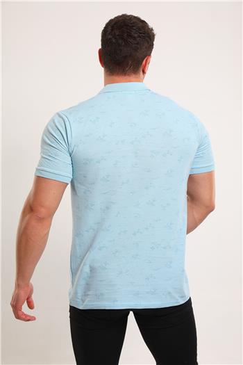 Erkek Polo Yaka Desenli Likralı T-shirt AçıkMavi 494510