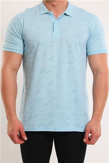 Erkek Polo Yaka Desenli Likralı T-shirt AçıkMavi 494510