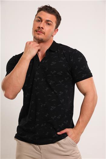 Erkek Polo Yaka Desenli Likralı T-shirt Siyah 494504