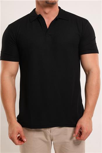 Erkek Polo Yaka Kendinden Desenli Likralı Tshirt Siyah 494579