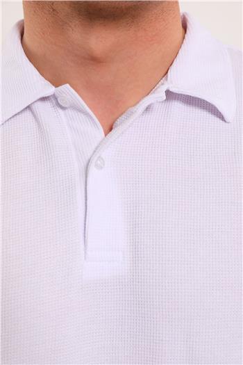 Erkek Polo Yaka Kendinden Desenli Likralı Tshirt Beyaz 494582