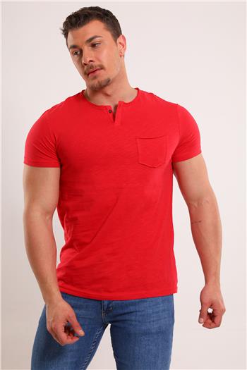 Erkek Yaka Düğmeli Cepli Likralı T-shirt Kırmızı