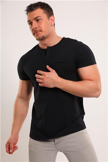 Erkek Yaka Düğmeli Cepli Likralı T-shirt Siyah