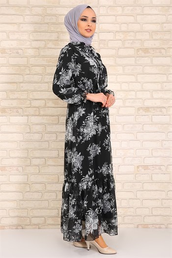 Siyah Fırfırlı Şifon Tesettür Elbise 5623-8 194371- tozlu.com