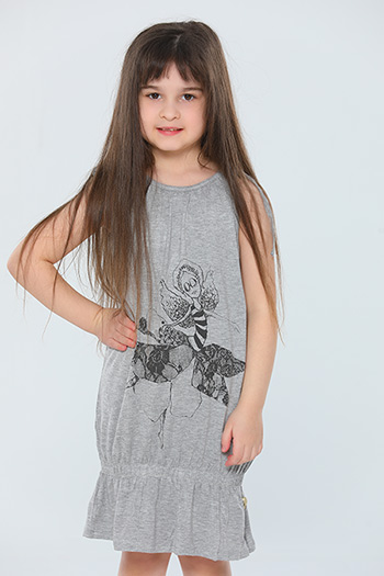 Gri Kız Çocuk Likralı Sıfır Kol Baskılı Salaş Elbise 476931