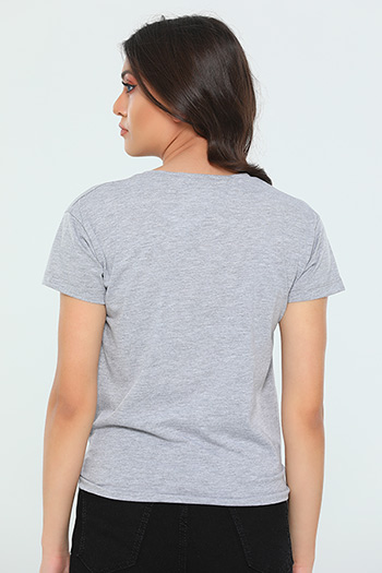 Gri Ön Eteği Düğümlü Kadın T-shirt 434731