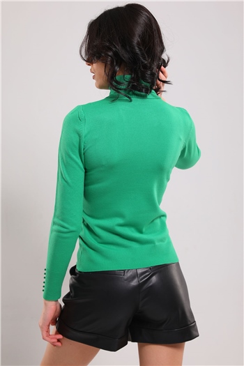 Kadın Balıkçı Yaka Bilek Boncuk Detaylı Triko Bluz Yeşil