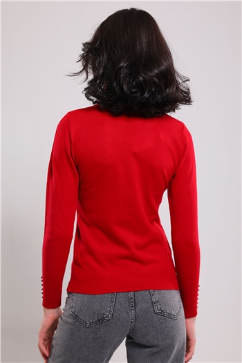 Kadın Balıkçı Yaka Bilek Boncuk Detaylı Triko Bluz Kırmızı