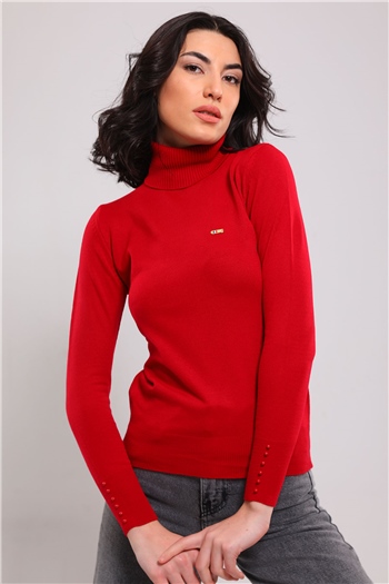 Kadın Balıkçı Yaka Bilek Boncuk Detaylı Triko Bluz Kırmızı