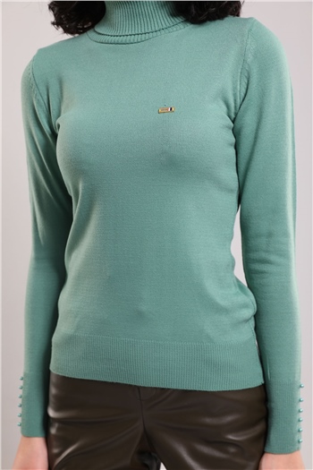 Kadın Balıkçı Yaka Bilek Boncuk Detaylı Triko Bluz Mint