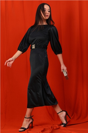 Kadın Balon Kol Sırt Dekolteli Kemerli Abiye Elbise Siyah