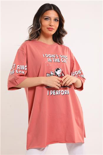 Kadın Baskılı Yan Yırtmaçlı T-shirt GülKurusu