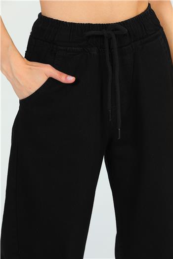 Kadın Bel Lastikli Bol Paça Jeans Pantolon Siyah