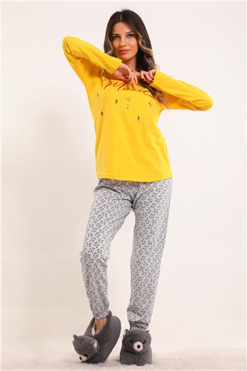 Kadın Bisiklet Yaka Baskılı Pijama Takımı Sarı