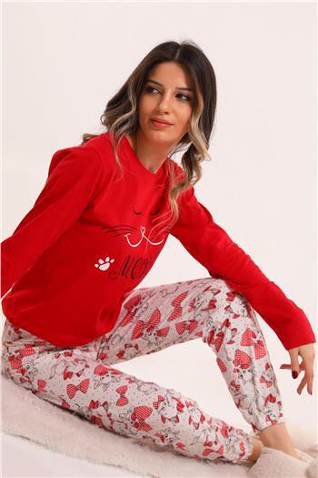 Kadın Bisiklet Yaka Baskılı Pijama Takımı Kırmızı