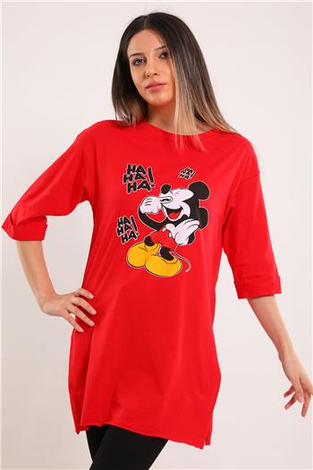 Kadın Bisiklet Yaka Mickey Mouse Baskılı Yan Yırtmaçlı Salaş Tshirt Kırmızı