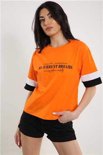 Kadın Bisiklet Yaka Ön Baskılı T-shirt Orange