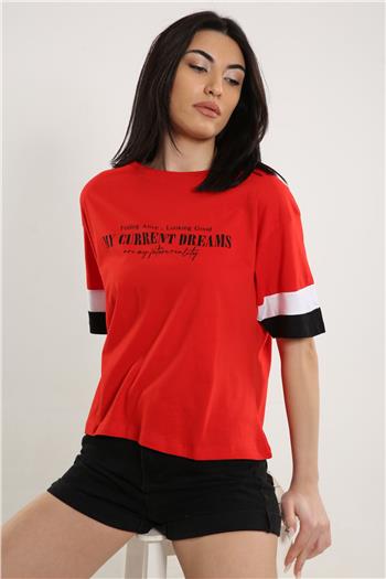 Kadın Bisiklet Yaka Ön Baskılı T-shirt Kırmızı