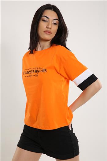 Kadın Bisiklet Yaka Ön Baskılı T-shirt Orange
