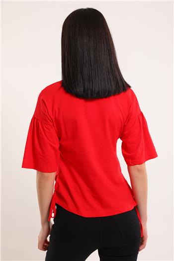 Kadın Bisiklet Yaka Tek Cepli Yan Büzgülü T-shirt Kırmızı
