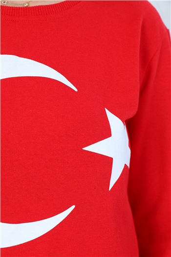 Kadın Bisiklet Yaka Türk Bayrağı Baskılı Sweatshirt Kırmızı