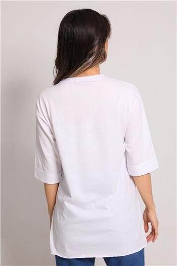 Kadın Bisiklet Yaka Yan Yırtmaçlı Basic T-shirt Beyaz