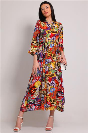 Kadın Boydan Düğmeli Bel Kuşaklı Desenli Elbise Sarı 493990