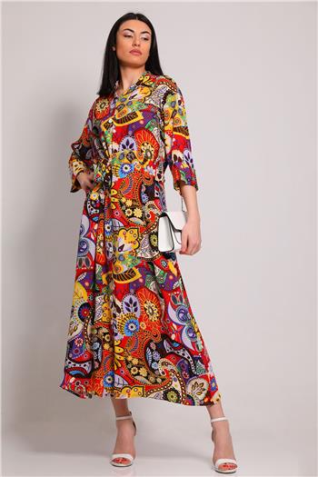 Kadın Boydan Düğmeli Bel Kuşaklı Desenli Elbise Sarı 493990