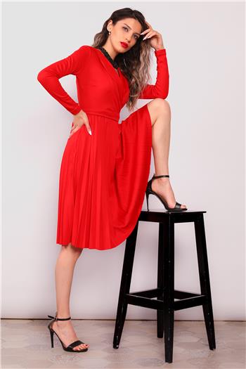 Kadın Ceket Yaka Piliseli Kuşaklı Elbise Kırmızı 490766