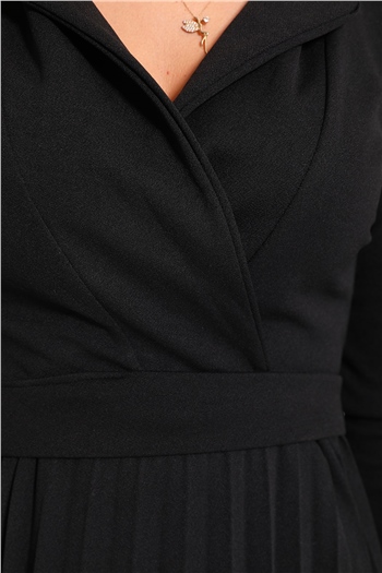 Kadın Ceket Yaka Piliseli Kuşaklı Elbise Siyah
