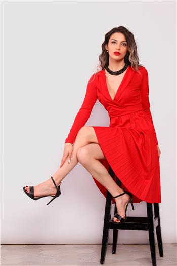 Kadın Ceket Yaka Piliseli Kuşaklı Elbise Kırmızı 490766