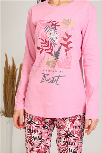 Kadın Çiçek Baskılı Pijama Takımı Pembe