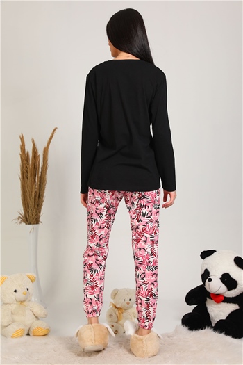 Kadın Çiçek Baskılı Pijama Takımı Siyah