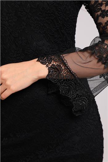 Kadın Dantelli Kol Tüllü Abiye Elbise Siyah