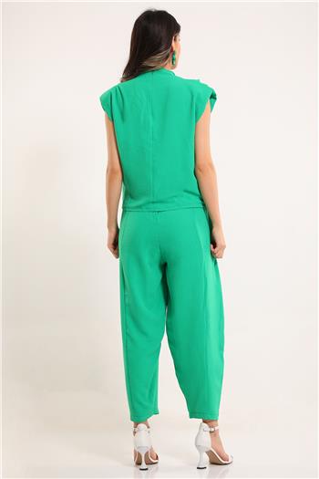 Kadın Degaje Yaka Omuz Vatkalı Pantolon Bluz İkili Takım Yeşil 495385