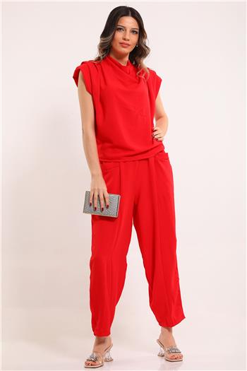 Kadın Degaje Yaka Omuz Vatkalı Pantolon Bluz İkili Takım Kırmızı 495384