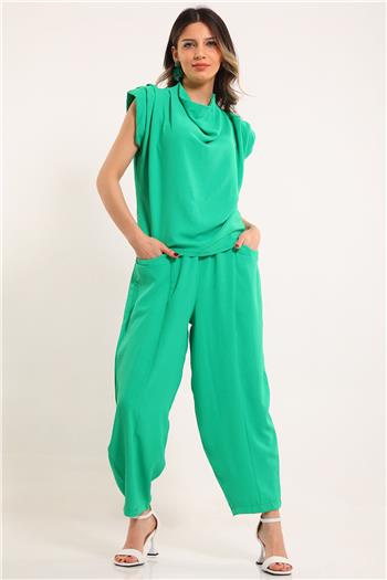 Kadın Degaje Yaka Omuz Vatkalı Pantolon Bluz İkili Takım Yeşil