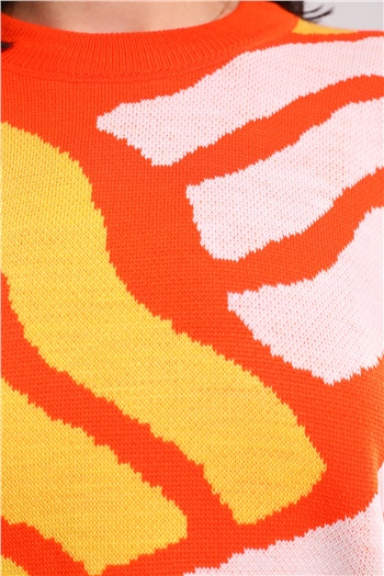 Kadın Desenli Oversize Triko Tunik Orange