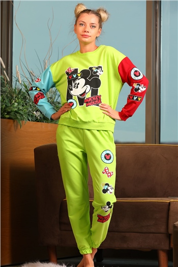 Kadın Desenli Paça Lastikli İkili Takım Neon Yeşil 490337