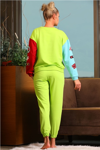 Kadın Desenli Paça Lastikli İkili Takım Neon Yeşil 490337