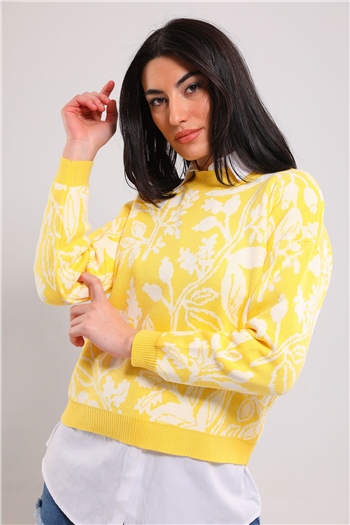 Kadın Desenli Triko Kazak Sarı